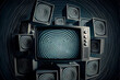 A lot of retro televisions in dark room. TV addiction, propaganda and fake news concept. Created with Generative AI