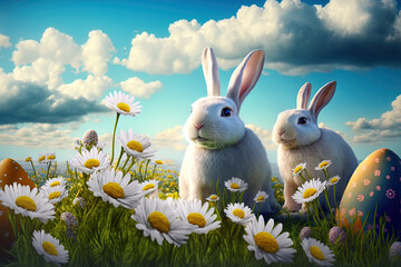 Poster - Easter scene with bunnies holding bright eggs and daisies in a meadow against a stunning sky. Generative AI