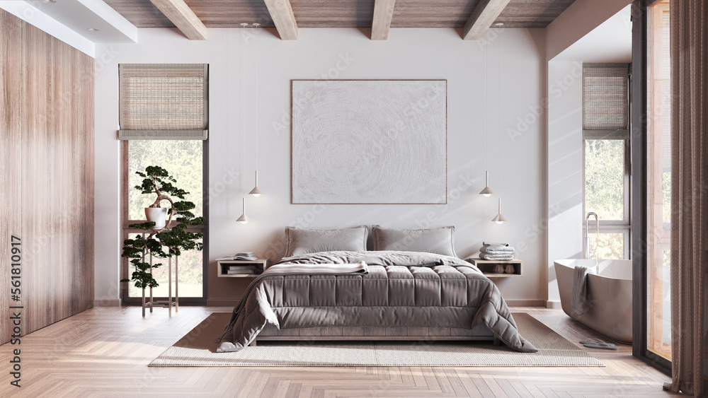 Modern bleached wooden bedroom with bathtub in white and beige tones ...