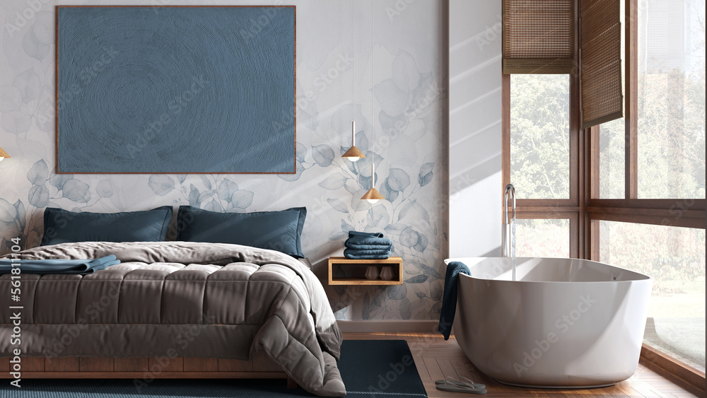 Minimalist wooden bedroom with bathtub in white and blue tones, close ...
