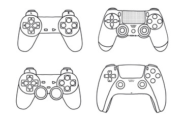 Wall Mural - Hand-drawn game controllers set. Vector illustrations in outline doodle style. Icons on white background.