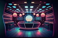 Discotheque Featuring A Bar, Tables, A DJ Booth, And A Dance Floor Bathed In Light From A Disco Ball. Cartoon Depicting A Dance Club's Neon-lit Interior At Night During A Rave Generative AI