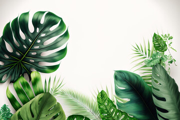 Wall Mural - An artistic layout featuring vibrant tropical leaves against a white background. tropical summer theme with minimal design and copy space. Border configuration. Generative AI