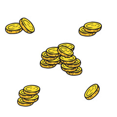 Collection of golden coins money, bank in pillars and poles isolated on white background. Hand drawn vector sketch illustration in doodle engraved vintage outline style. Wealth, currency, metal.