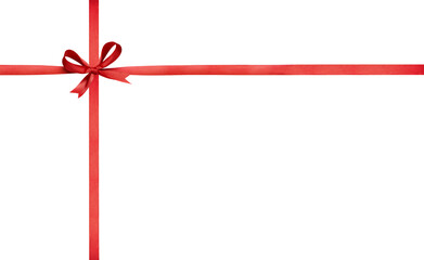 A large red ribbon bow on the left of a long straight piece of ribbon and a vertical piece to be used as a border for a birthday or Christmas banner, border isolated against a transparent background