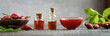 Red rosehip seed oil with fresh rosehips - horizontal banner