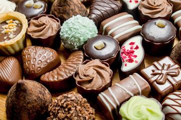 Poster - Chocolate candies with nuts and various fillings.