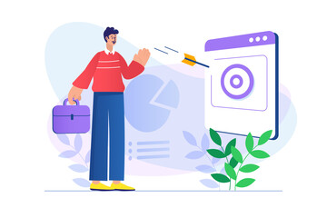 Aufkleber - Business target concept with people scene in flat design. Man shoots arrow right on target, business vision, goal achievement and leadership. Illustration with character situation for web