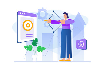 Aufkleber - Business target concept with people scene in flat design. Woman archer shoots bow on target, goal achievement, career opportunity and leadership. Illustration with character situation for web