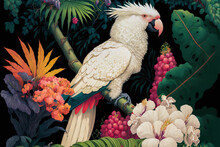 White Cockatoo In Exotic Jungle Full Of Tropical Leaves And Large Flowers. Amazing Tropical Floral Patten For Print, Web, Greeting Cards, Wallpapers, Wrappers. Digital Artwork