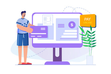 Aufkleber - Online payment concept with people scene in flat design. Man making financial transaction and pays for purchases at webpage using credit card. Illustration with character situation for web