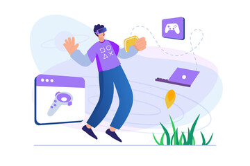 Aufkleber - Cyberspace concept with people scene in flat design. Man in VR glasses plays online game with virtual reality simulation using joystick and laptop. Illustration with character situation for web