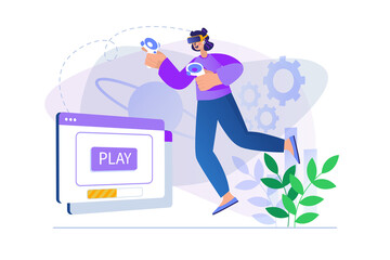 Aufkleber - Cyberspace concept with people scene in flat design. Woman in VR glasses plays virtual reality simulation game at screen using controllers. Illustration with character situation for web