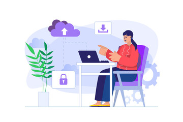 Aufkleber - Cloud computing concept with people scene in flat design. Woman uploading data from cloud storage to laptop and sync using secure online access. Illustration with character situation for web