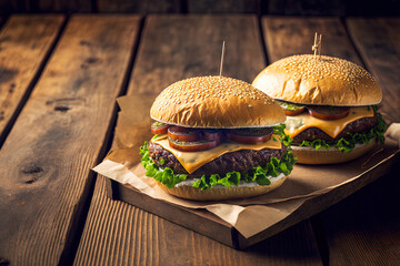 Sticker - Closeup of home made burgers on wooden background. Generative AI