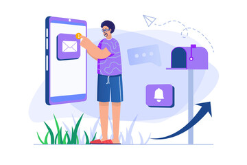 Aufkleber - Email service concept with people scene in flat design. Man receives notification and receiving new letter, manages inbox on mobile phone app. Illustration with character situation for web