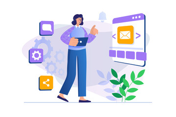 Aufkleber - Email service concept with people scene in flat design. Woman communicates online in applications and messengers, manages letters on webpage. Illustration with character situation for web