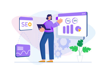Aufkleber - Seo analysis concept with people scene in flat design. Woman analyzes site data and webpage visit traffic, optimizes and improves performance. Illustration with character situation for web