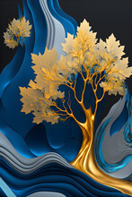 Modern Digital Art With Blue And Gold Ripples. Abstract Composition With Tree Leaves. Generative AI.