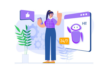 Aufkleber - Virtual assistant concept with people scene in flat design. Woman chatting with chat bot and get advice online in messenger of technical support. Illustration with character situation for web