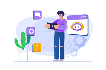 Aufkleber - Virtual assistant concept with people scene in flat design. Woman writes online message to technical support and receives response from chatbot. Illustration with character situation for web