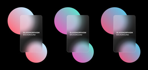 Poster - glassmorphism background banner with transparent glass frame template . Realistic Frosted glass morphism effect with blurred abstract gradient circle shapes. Vector illustration