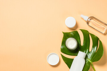 Wall Mural - natural cosmetic products flat lay. cream, lotion, tonic for face and body care. top view image with