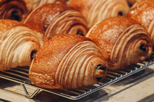 Close-up Of Fresh And Beautiful Pain Au Chocolats In A Bakery Showcase.