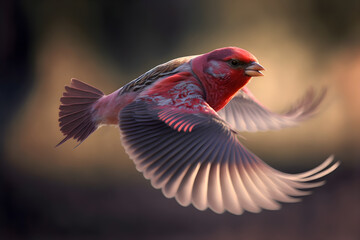 Illustrative drawing of a Common Rosefinch bird flying with open wings. Blurred background. Generative AI.