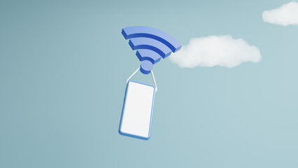 Poster - Connecting to wifi using mobile phone on sky background, looking for a Wi-Fi signal. Free Internet. Excellent signal coverage concept. business communication social network concept. 3d rendering
