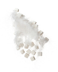 Wall Mural - Pure Refined Sugar cube flying explosion, white crystal sugar abstract cloud fly. Pure refined sugar cubes splash stop in air, food object design. white background isolated high speed freeze motion