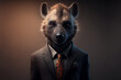 Portrait of a hyena in a stylish business suit. Generative AI. Businessman hyena illustration. 