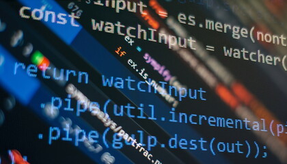 Abstract computer script about big data and blockchain database. Software developer programming code. Mining Cryptocurrency process program on display PC. Using Software.
