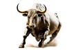 Leinwandbild Motiv Charging Bull isolated on white background. Bull represents aggressive financial optimism and prosperity.