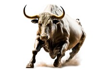 Charging Bull Isolated On White Background. Bull Represents Aggressive Financial Optimism And Prosperity.