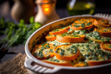 Close Up Of A Gratin Of Roasted Sweet Potatoes And Parsley In A Porcelain Dish. Healthy Vegan Recipe Idea. Generative AI