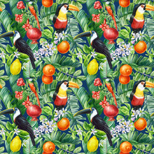 Birds, Palm Leaves, Pomegranate Fruit And Flowers, Tropical Background, Watercolor Jungle. Floral Seamless Pattern 