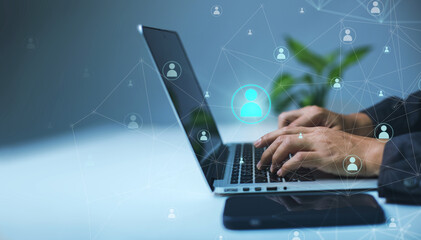Aufkleber - Businessman choosing customer by Analysis and data network exchange customer. HR recruitment and global outsourcing, Customer service, Teamwork, Strategy, Technology and social network.