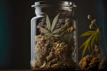 Dried Cannabis Buds And Hemp Flower Storing In Glass Jar Under Pot