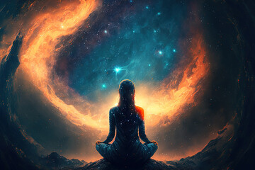 Woman meditating and observing the universe. Generative AI