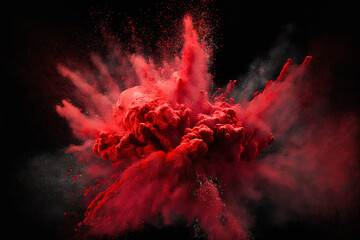 Sticker - Red powder explosion with a black background. Generative AI