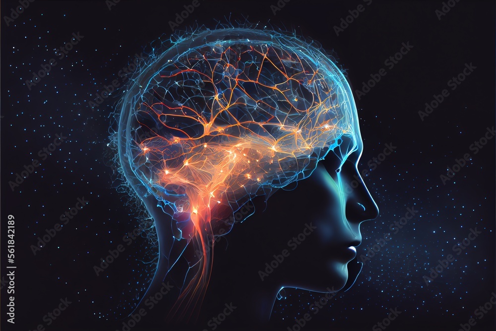 A human head with glowing neurons in the brain. Generative AI Stock ...