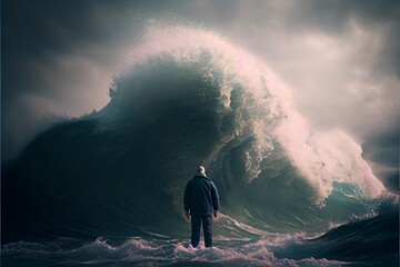  A disheartened man standing amidst crashing waves. Generative AI