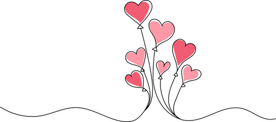 Wall Mural - Valentines day card decoration on transparent background. Line hearts balloons. Love concept. PNG image