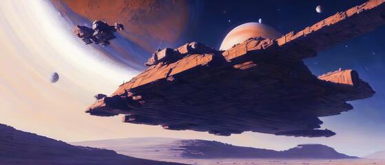 Wall Mural - A spaceship on an unknown planet orbit in a metaverse environment. Generative AI