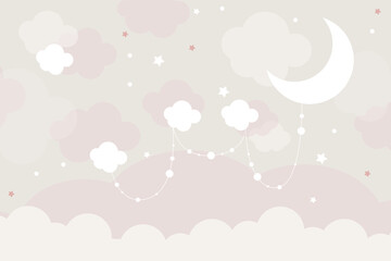  Vector hand drawn childish 3d wallpaper with clouds. Aerial white clouds, stars and dots . Lovely wallpaper for the kids room.	