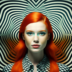 Sticker - Generative ai optical art fashion portrait redhead young woman posing looking camera