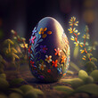 Easter egg artistically decorated with ornaments among spring flowers with depth of field background. Easter card. Generative Ai.
