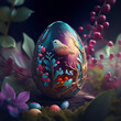 Easter egg artistically decorated with ornaments and a bird among spring flowers with depth of field on background. Easter card. Generative Ai.