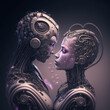 Love and feelings of two embracing perfect hybrid robots with artificial intelligence. Futuristic vision of future metaphor concept. Generative Ai.